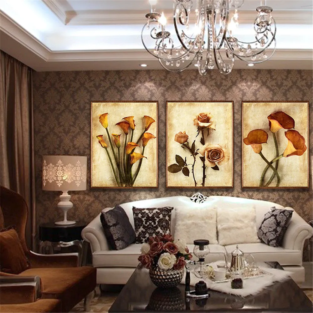 3 Piece Set Frameless Flower Canvas Oil Wall Paintings
