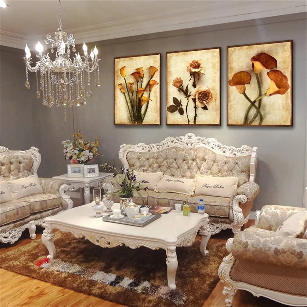 3 Piece Set Frameless Flower Canvas Oil Wall Paintings