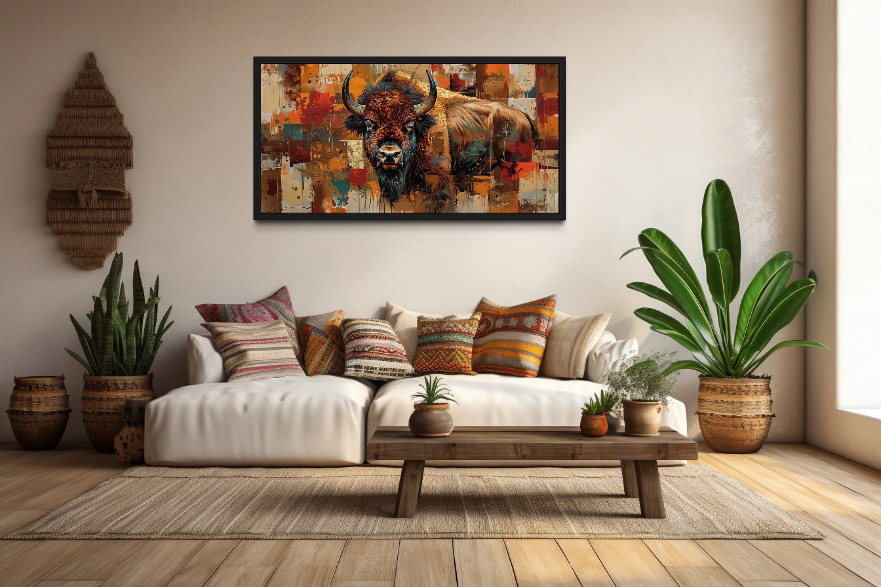 American Bison Colorful Southwestern Framed Canvas Wall Art
