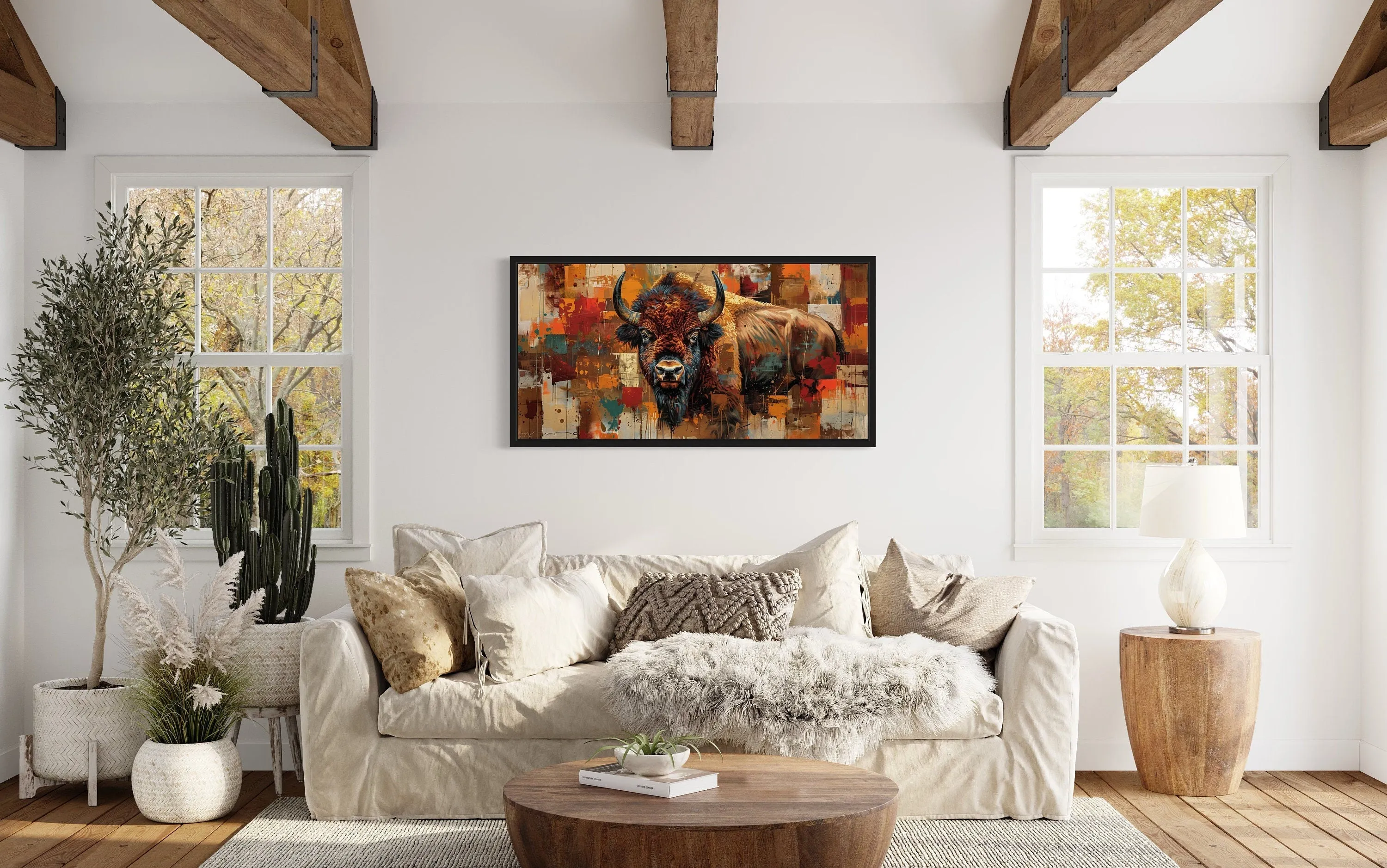 American Bison Colorful Southwestern Framed Canvas Wall Art
