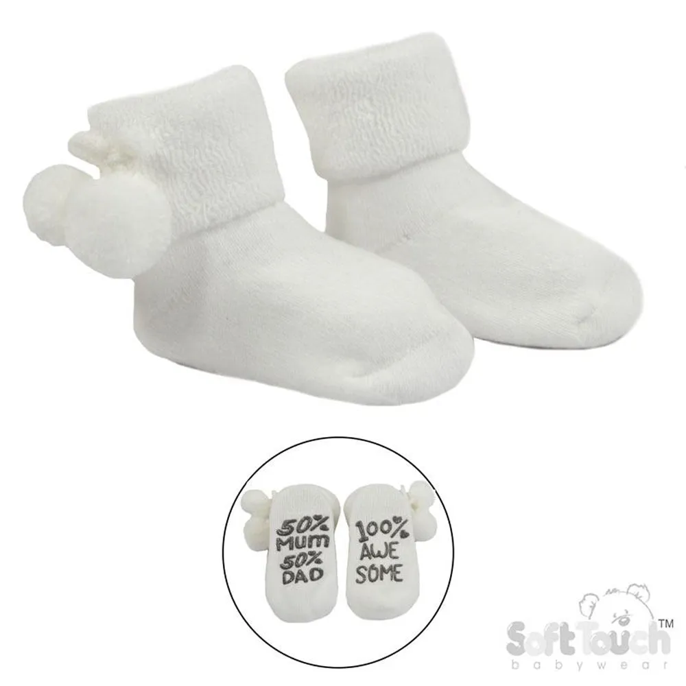 Anti-Slip Terry Socks w/Pom Pom-Printed Sole  (0-12m) (PK12) S522- W