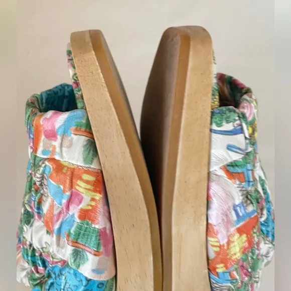 BEKLINA // Gathered leather wooden wedge platform Clog sandal in “Plate” Print