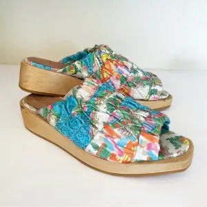 BEKLINA // Gathered leather wooden wedge platform Clog sandal in “Plate” Print