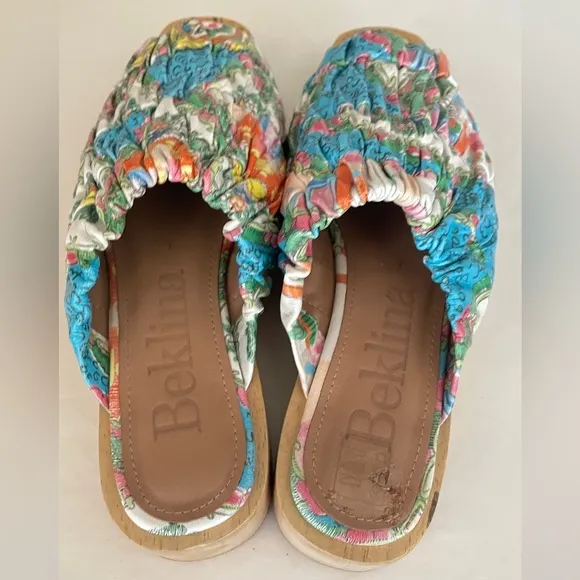 BEKLINA // Gathered leather wooden wedge platform Clog sandal in “Plate” Print