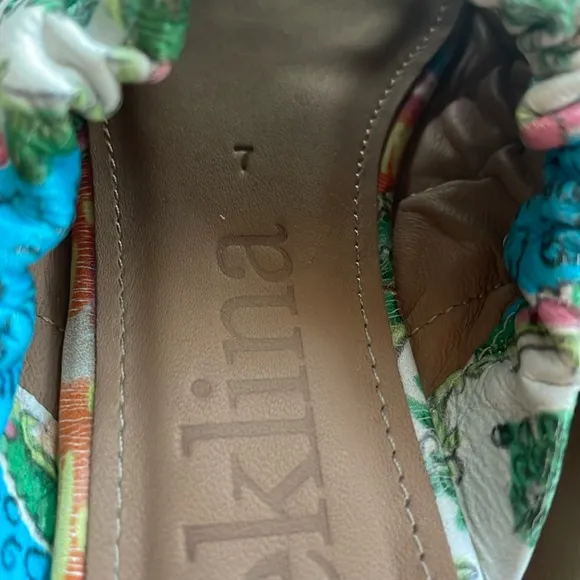BEKLINA // Gathered leather wooden wedge platform Clog sandal in “Plate” Print
