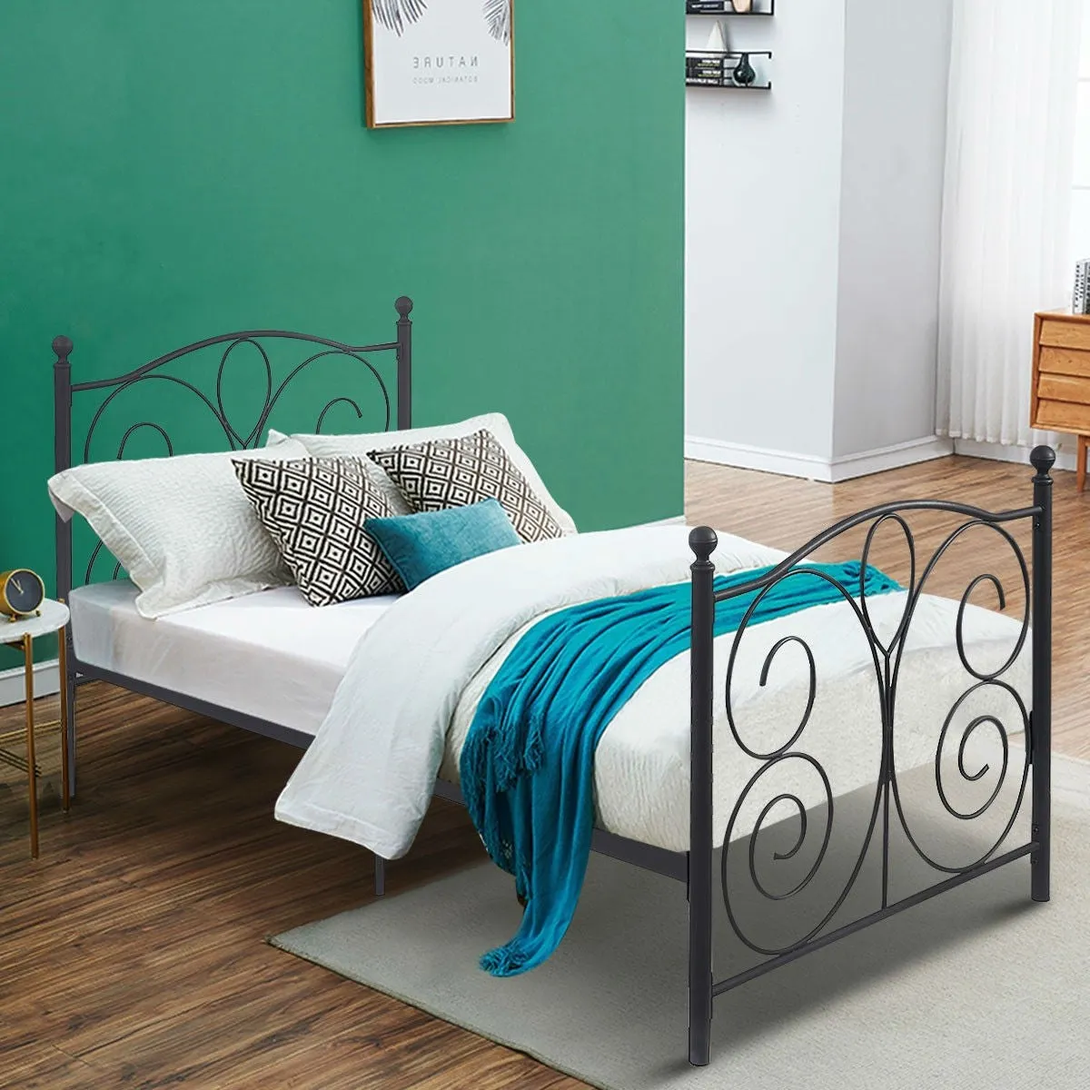 Black Steel Twin Platform Bed Frame with Scroll Heaboard Footboard
