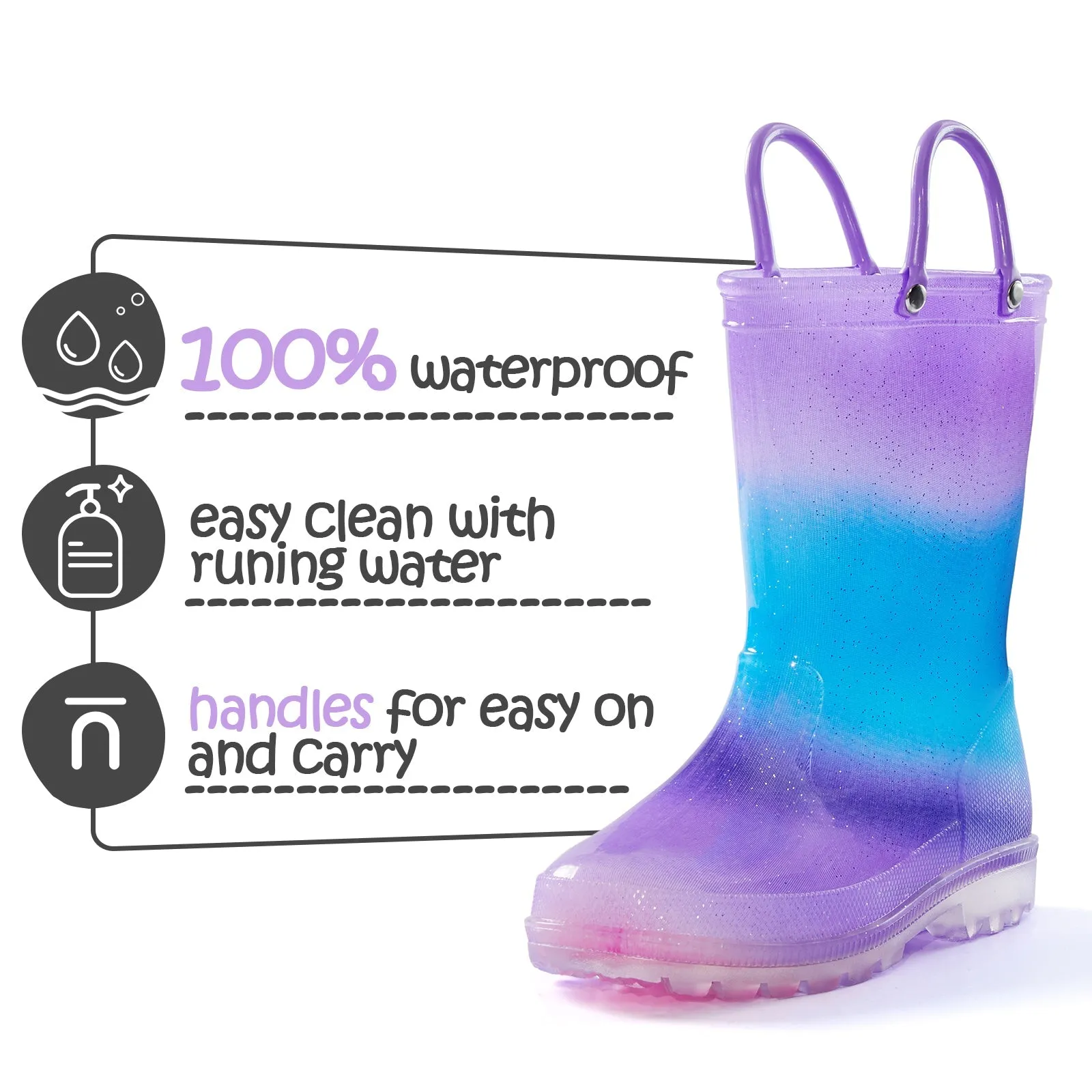 Blue Purple Gradient Glitter Rain Boots Kids