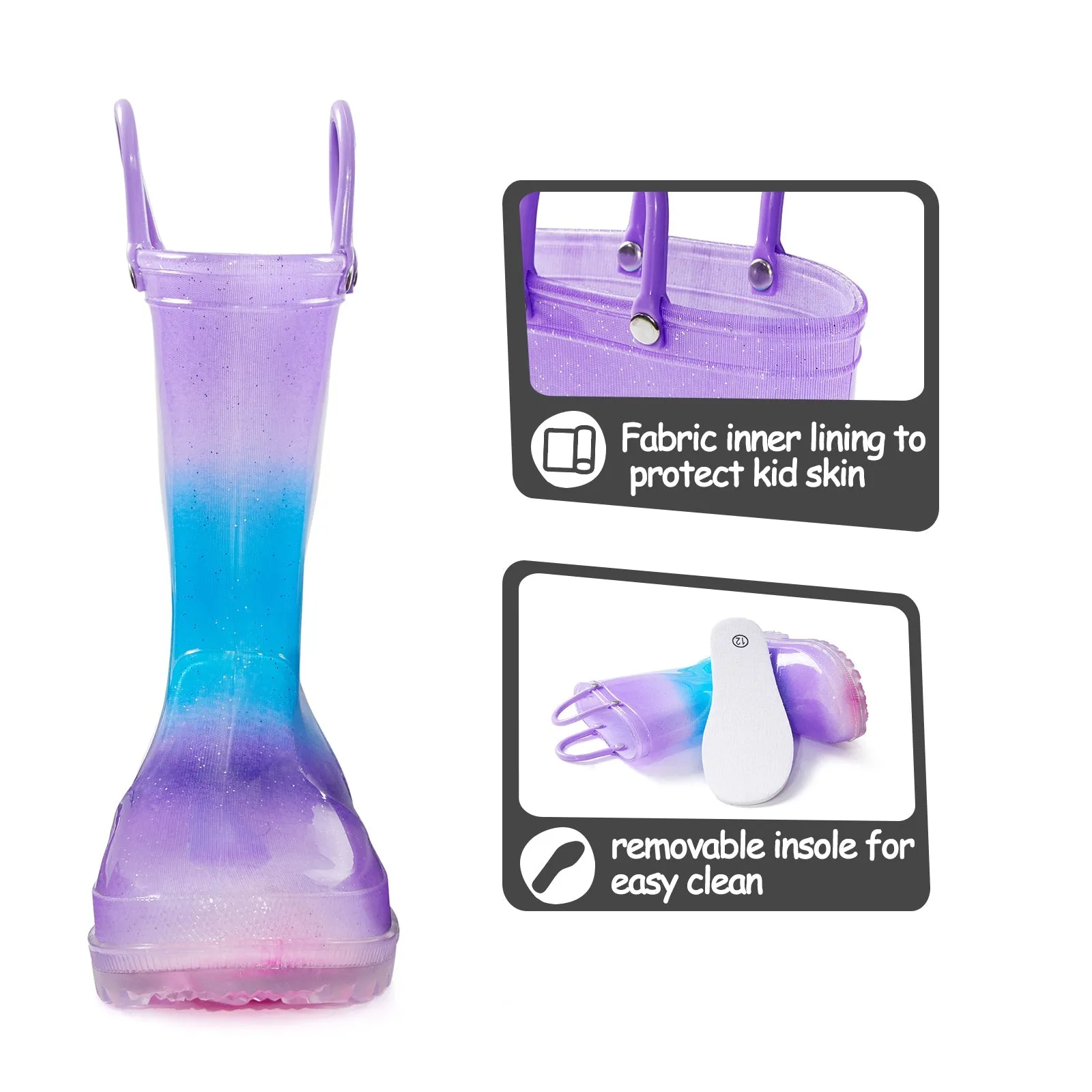 Blue Purple Gradient Glitter Rain Boots Kids