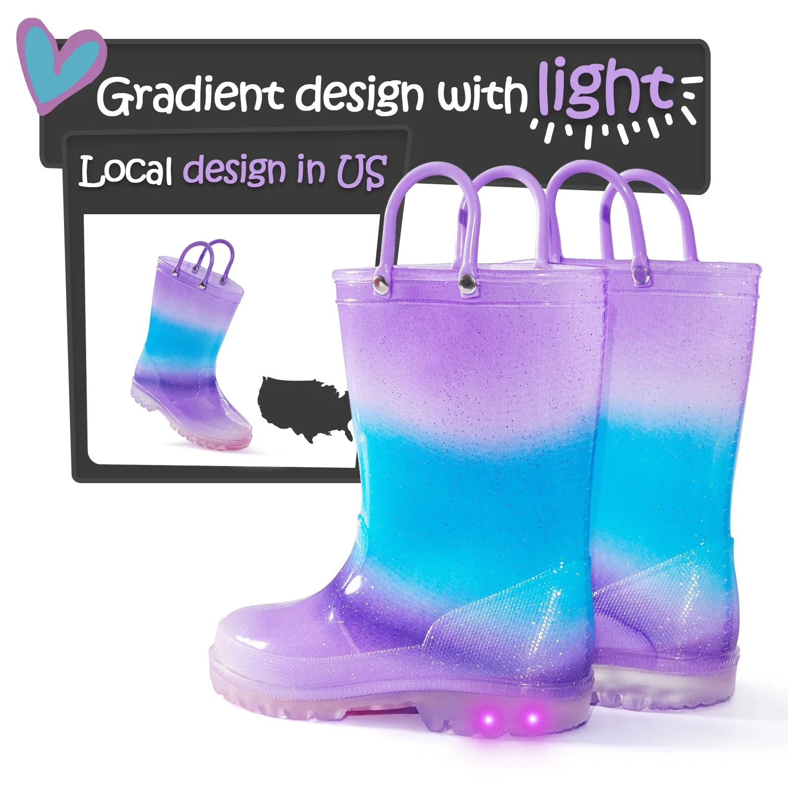 Blue Purple Gradient Glitter Rain Boots Kids