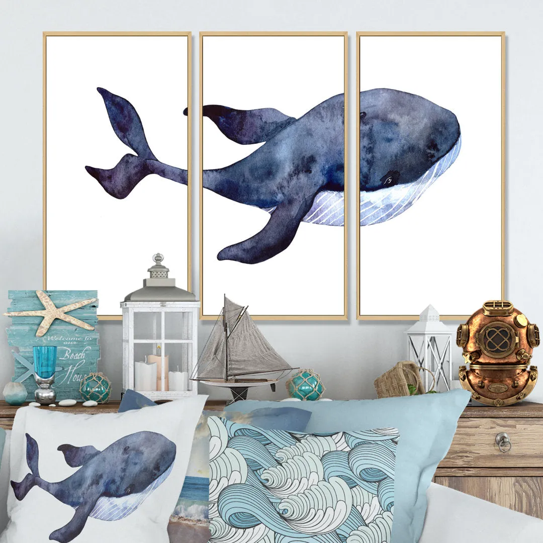Blue Whale On White IV - Nautical & Coastal Framed Canvas Wall Art Set Of 3 Rosecliff Heights Frame Color: Brown Size: 20" H x 36" W x 1" D