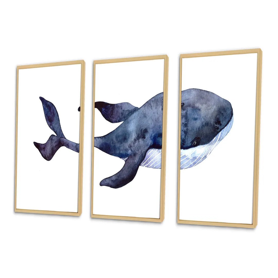Blue Whale On White IV - Nautical & Coastal Framed Canvas Wall Art Set Of 3 Rosecliff Heights Frame Color: Brown Size: 20" H x 36" W x 1" D