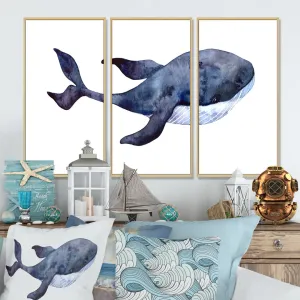 Blue Whale On White IV - Nautical & Coastal Framed Canvas Wall Art Set Of 3 Rosecliff Heights Frame Color: Brown Size: 20" H x 36" W x 1" D