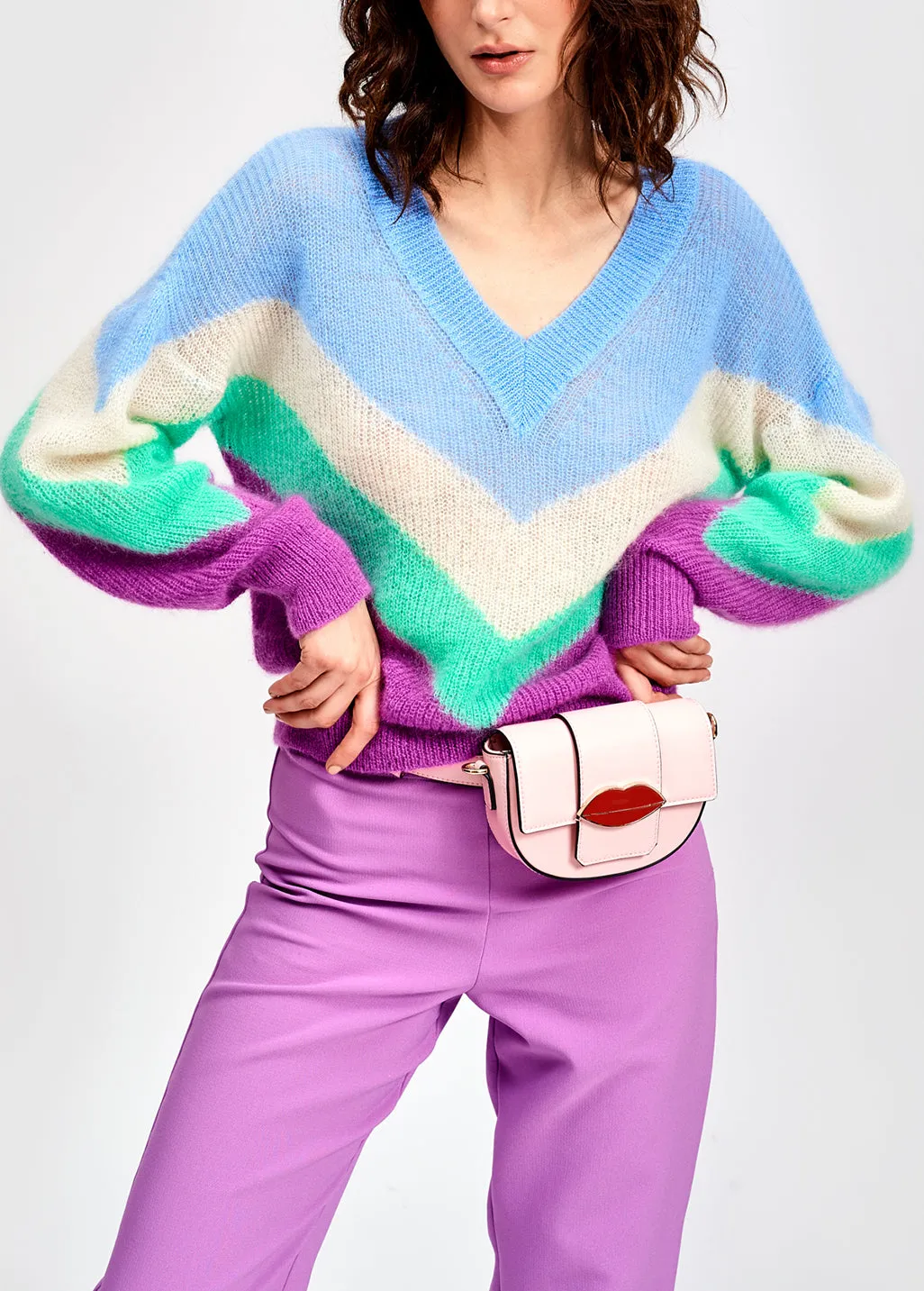 Blue, white and purple v pattern sweater