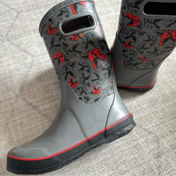 BOGS Big Kids Dinosaur Gray Rain Boots Youth Size 6