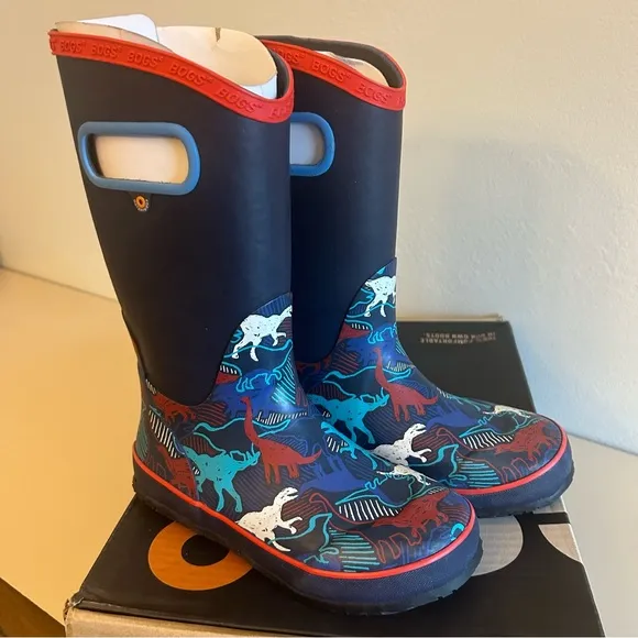 BOGS Unisex Child Kid Rain Boots Neon Dinosaur Big Kid Size 2 EUR 33