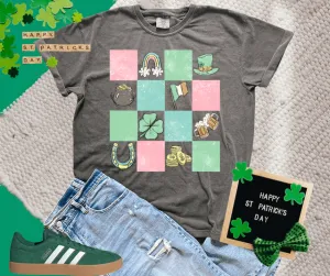 Checkered St Patrick's Day Doodles Charcoal Tee