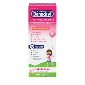 Children’s Benadryl Dye-Free Allergy Liquid, Bubble Gum-Flavored