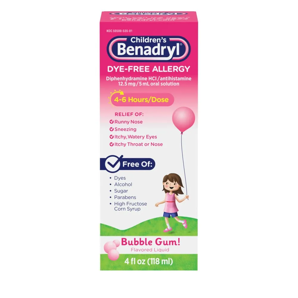 Children’s Benadryl Dye-Free Allergy Liquid, Bubble Gum-Flavored