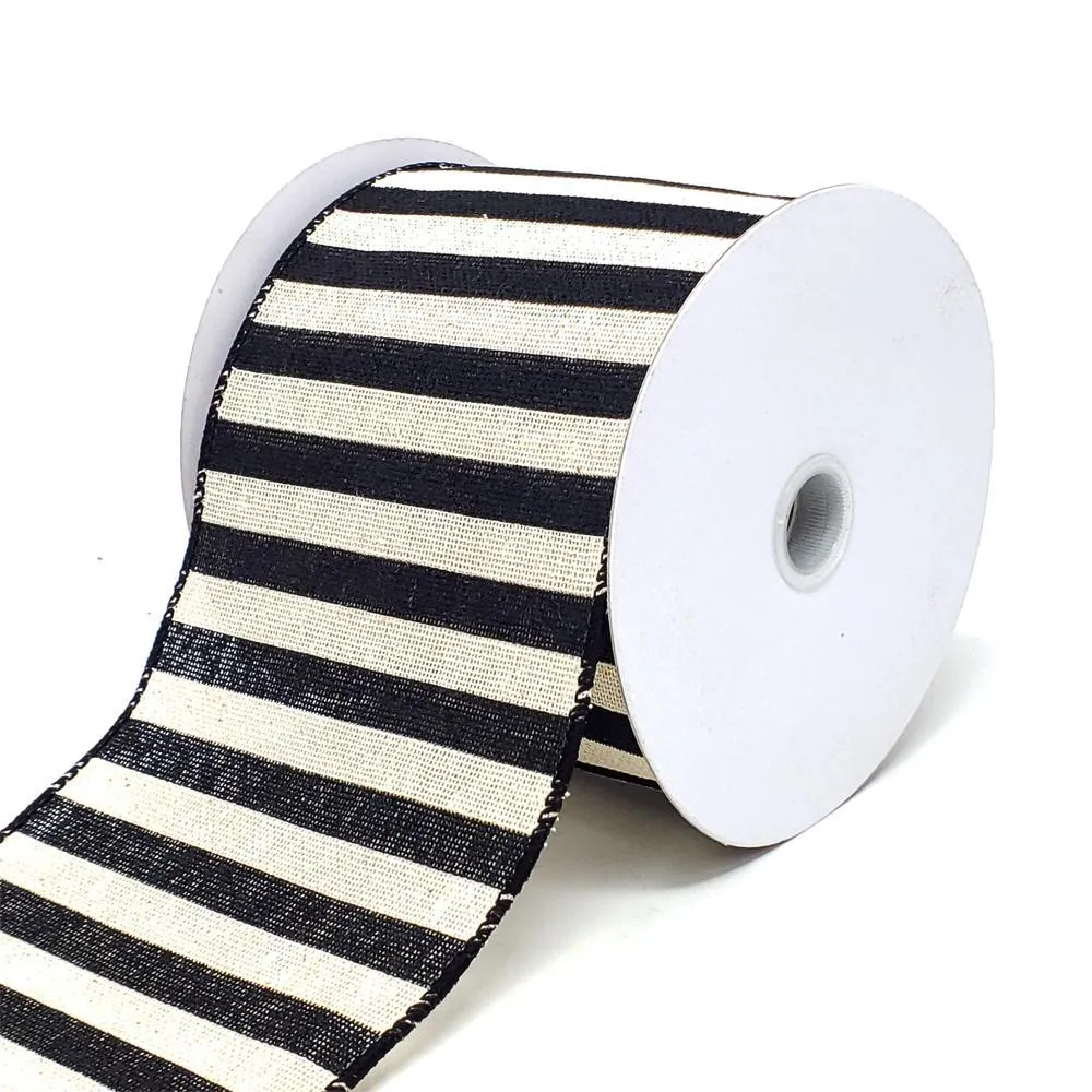 Christmas Stripes Canvas Wired Edge Ribbon, Black/Ivory, 10-Yard