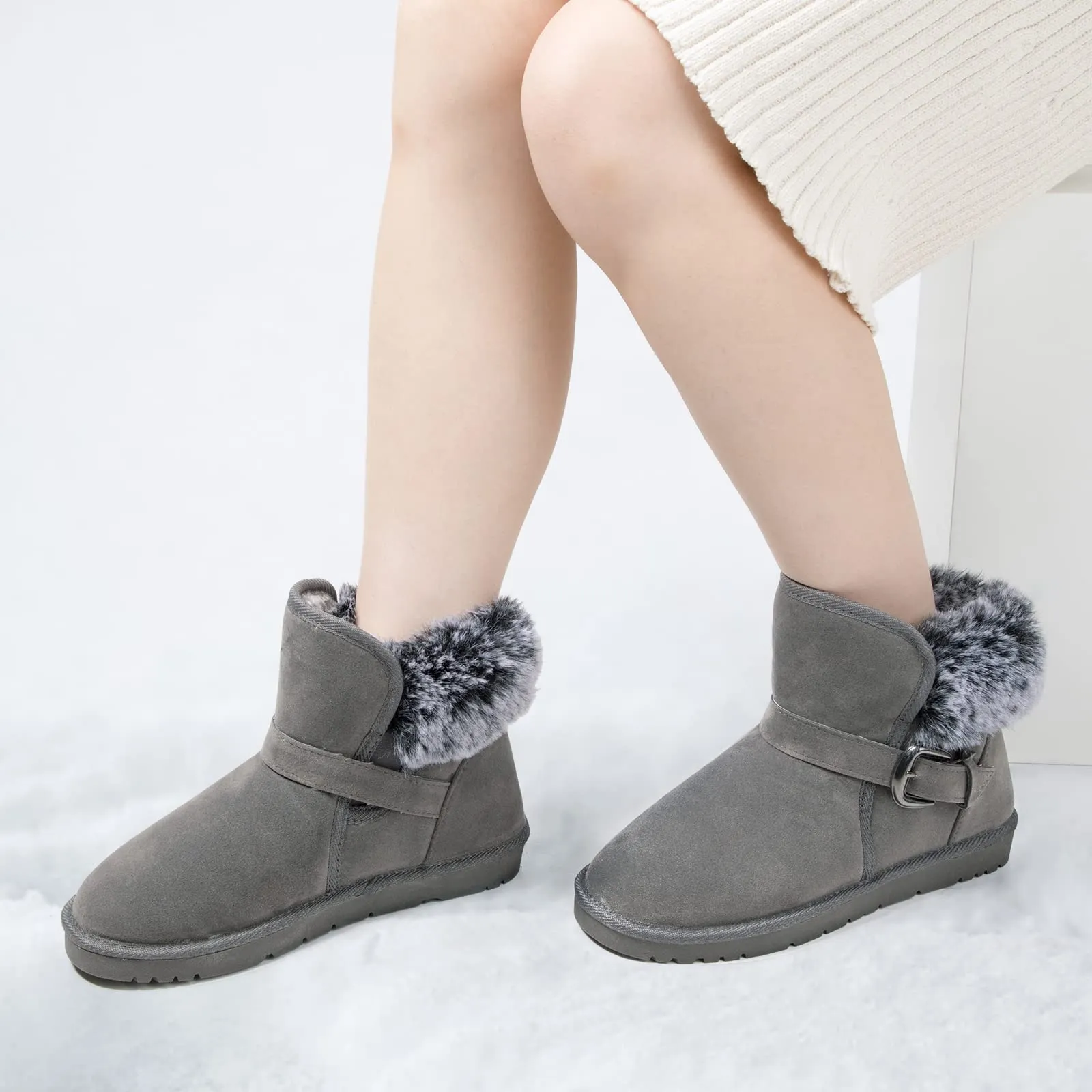 Classic Mid-calf Fur Lining Snow Boots Grey