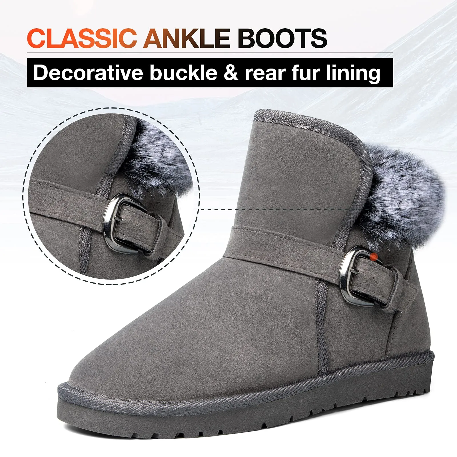 Classic Mid-calf Fur Lining Snow Boots Grey