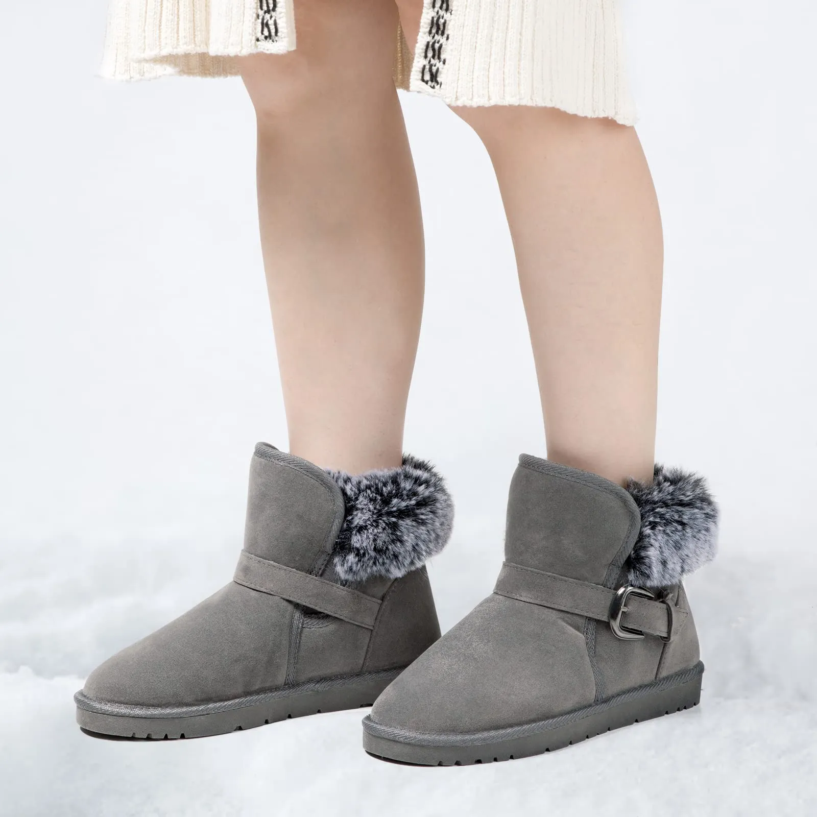 Classic Mid-calf Fur Lining Snow Boots Grey