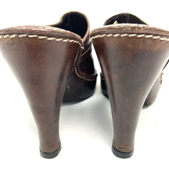 Coach Kaley Brown Leather Heeled Platform Mule Clog Slides Made in Italy