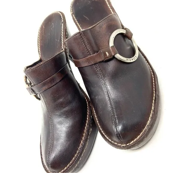 Coach Kaley Brown Leather Heeled Platform Mule Clog Slides Made in Italy