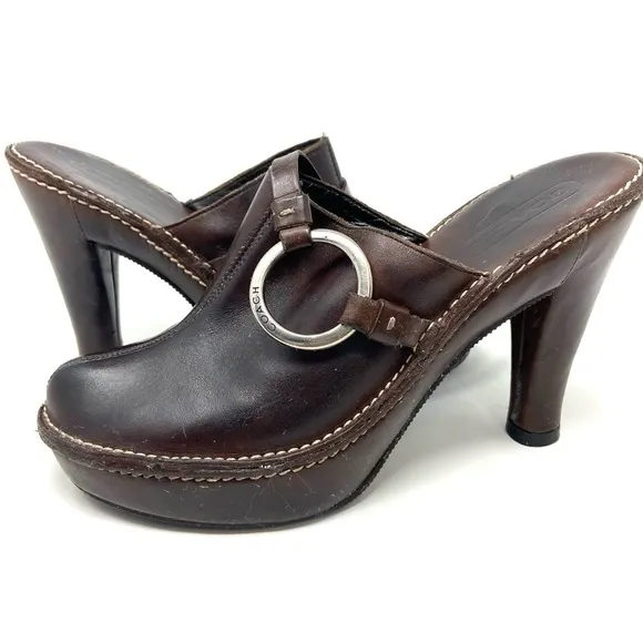 Coach Kaley Brown Leather Heeled Platform Mule Clog Slides Made in Italy