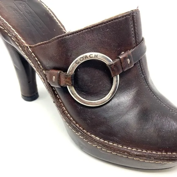 Coach Kaley Brown Leather Heeled Platform Mule Clog Slides Made in Italy