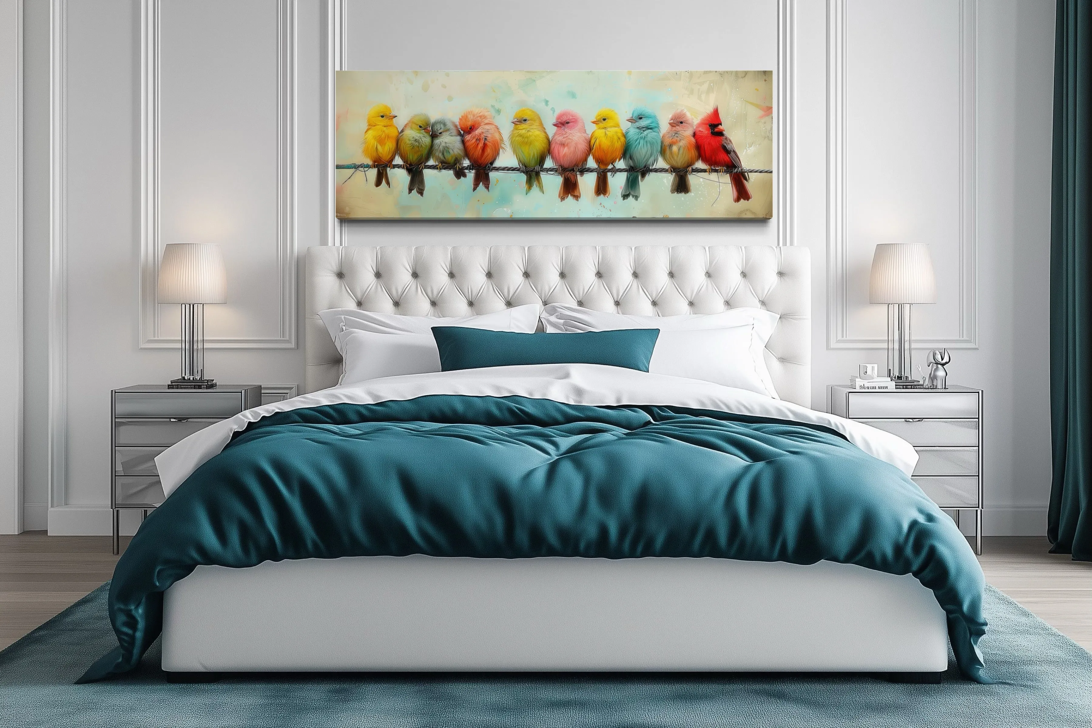 Colorful Birds On A Wire Long Horizontal Canvas Wall Art