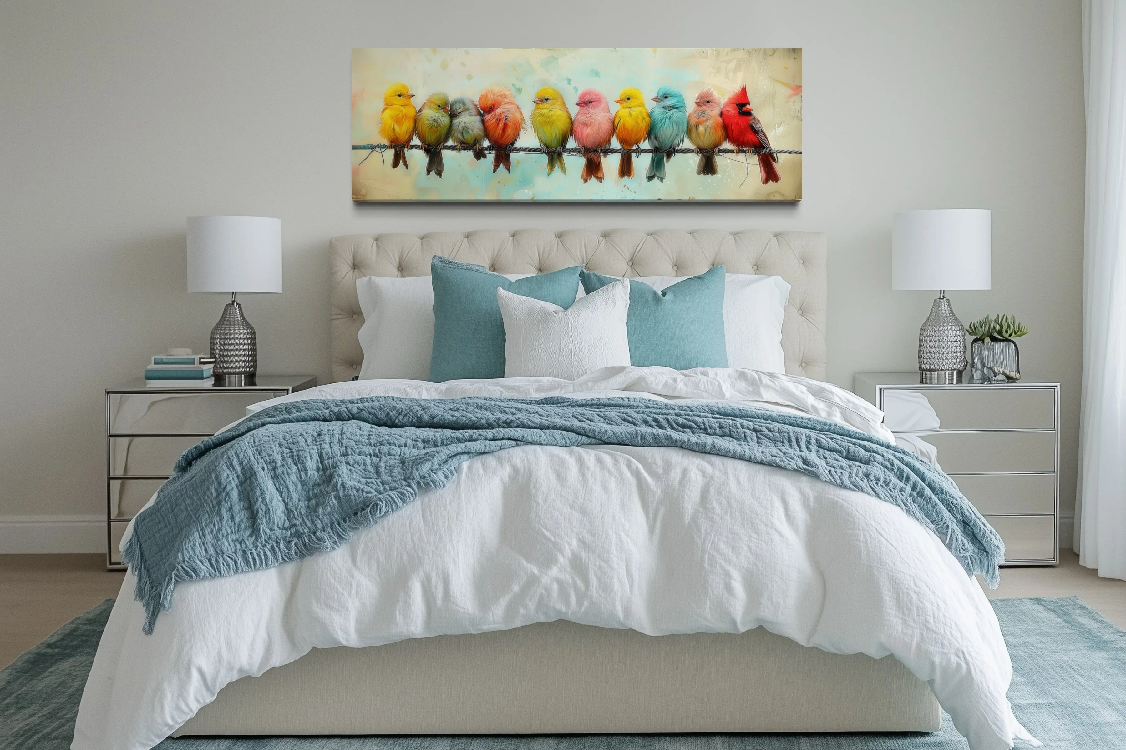 Colorful Birds On A Wire Long Horizontal Canvas Wall Art