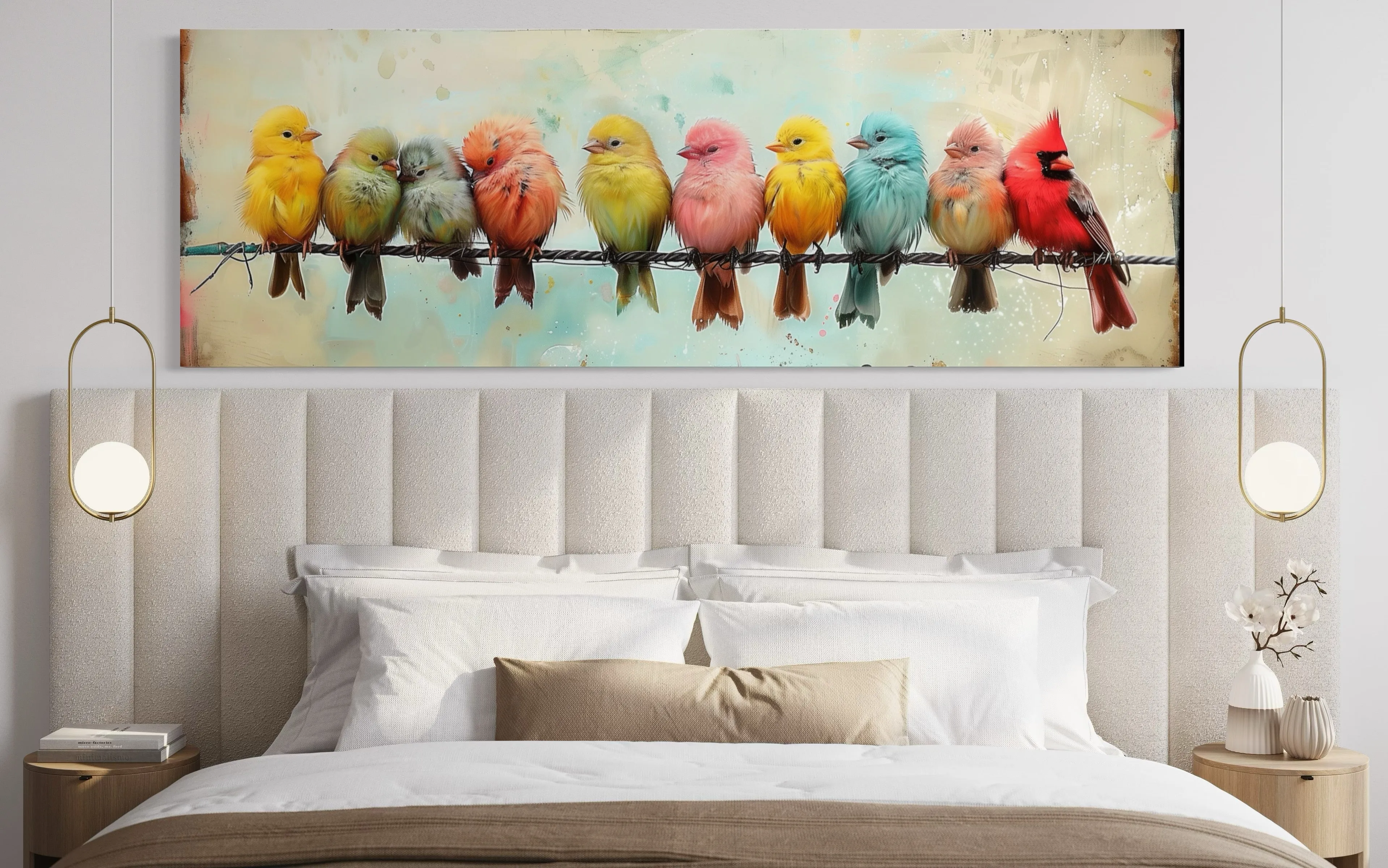 Colorful Birds On A Wire Long Horizontal Canvas Wall Art