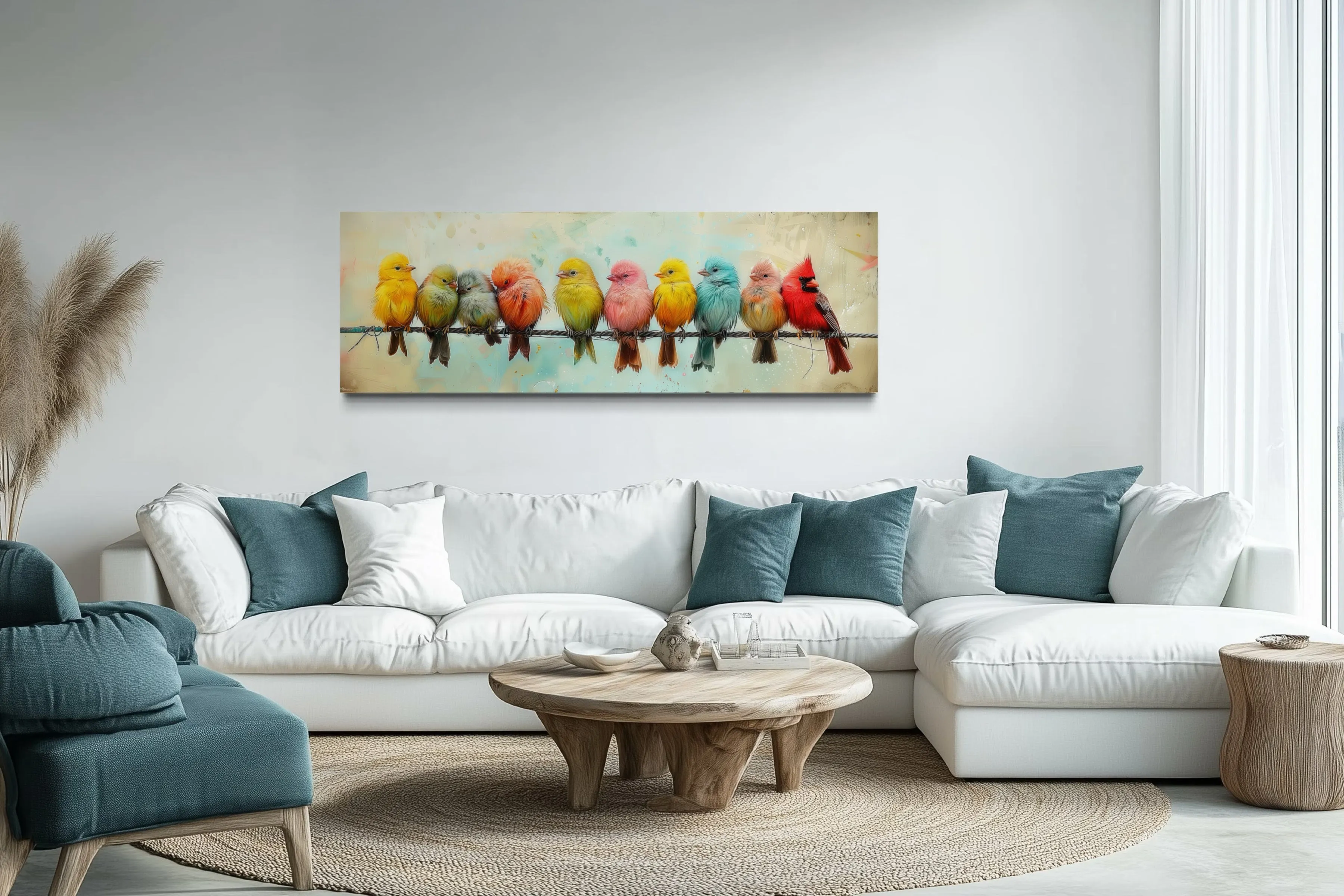 Colorful Birds On A Wire Long Horizontal Canvas Wall Art