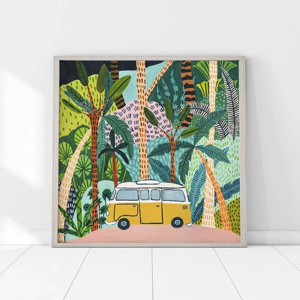 Colorful Botanical Jungle and Camper Van Wall Print