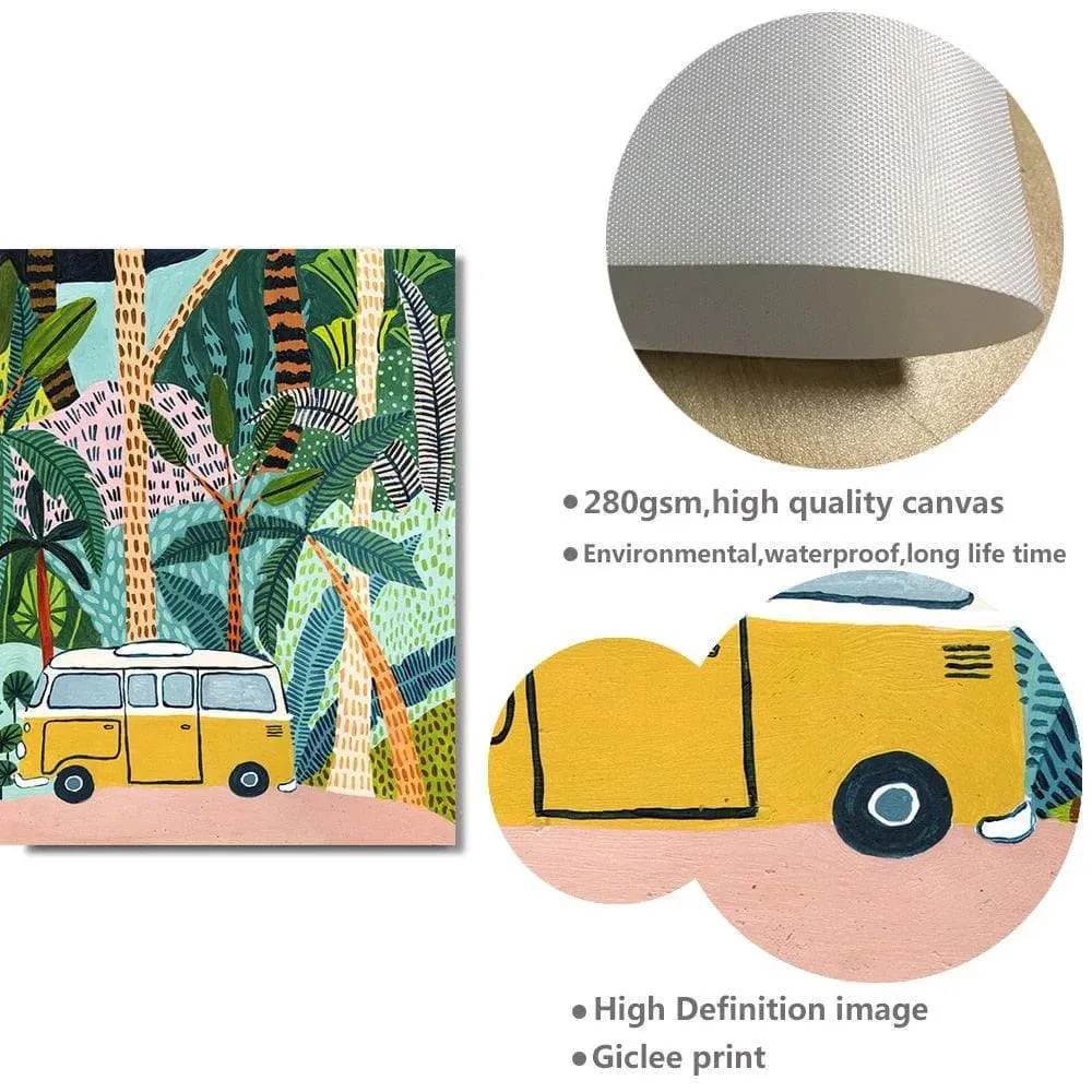 Colorful Botanical Jungle and Camper Van Wall Print