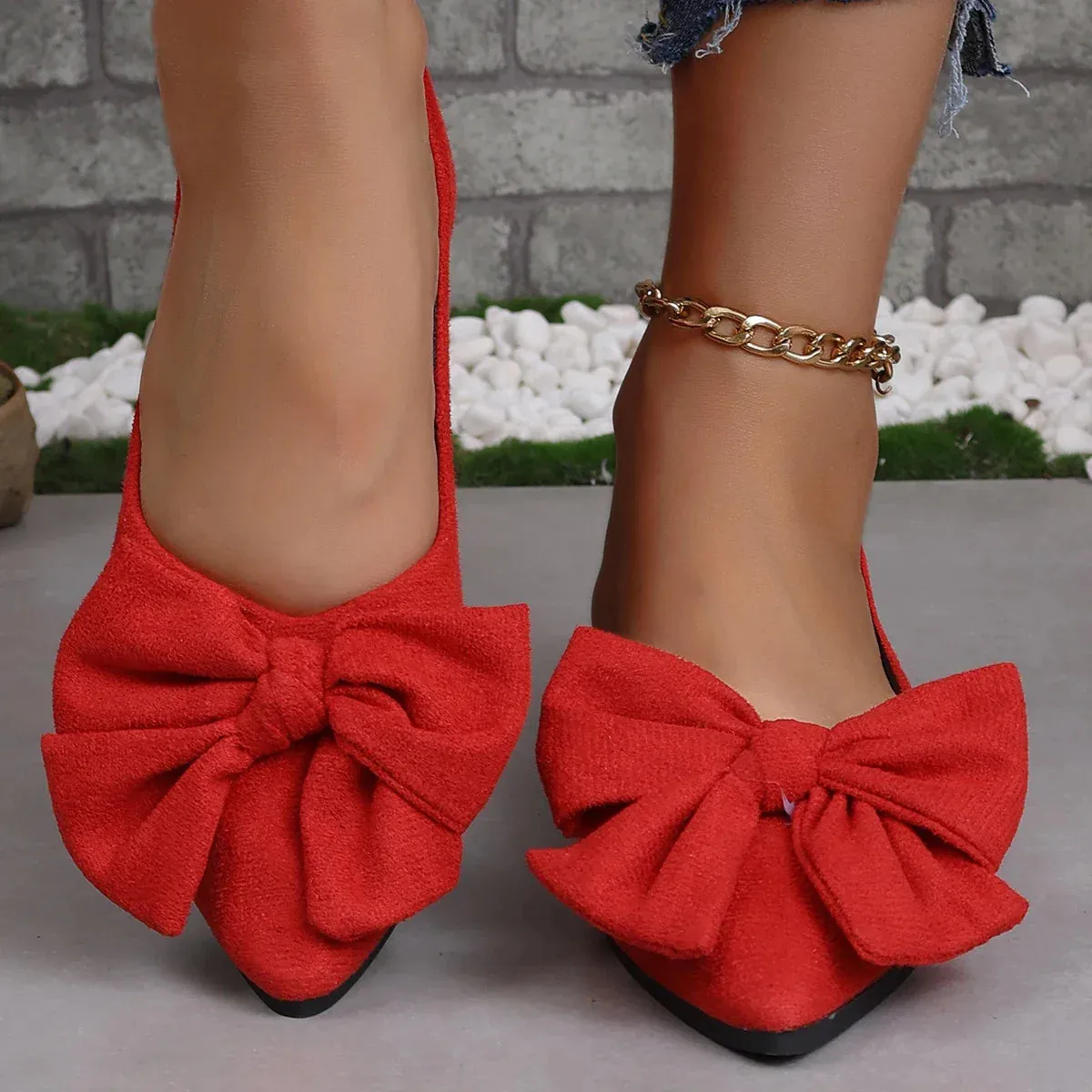 Flat Shoes Fashion Bow Woven Canvas Ballet Shoes Pointed Toe Flocking Red Flats