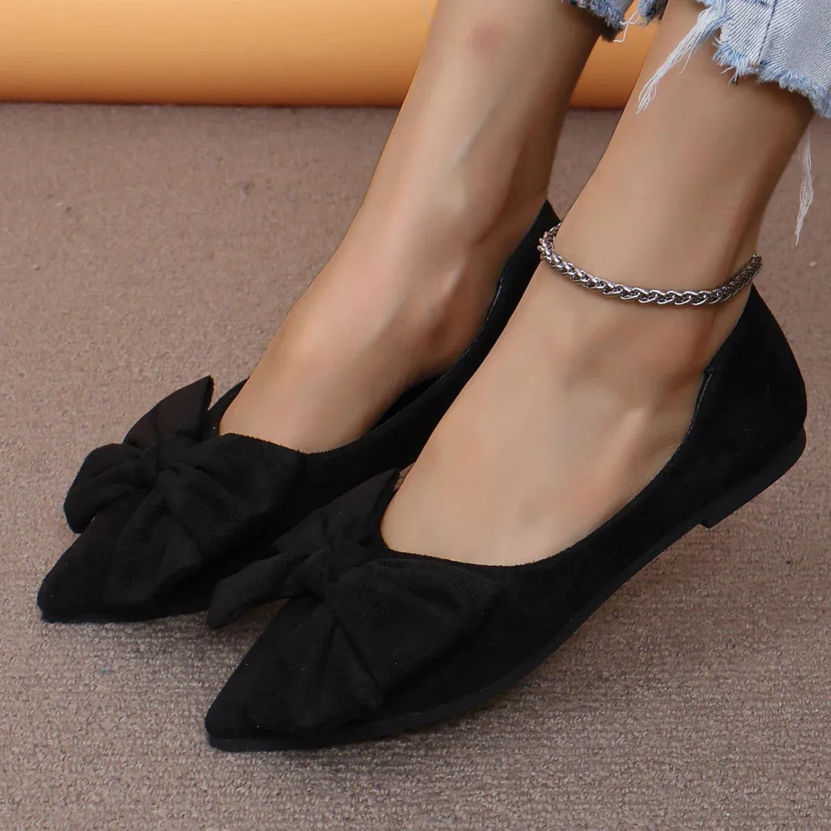 Flat Shoes Fashion Bow Woven Canvas Ballet Shoes Pointed Toe Flocking Red Flats
