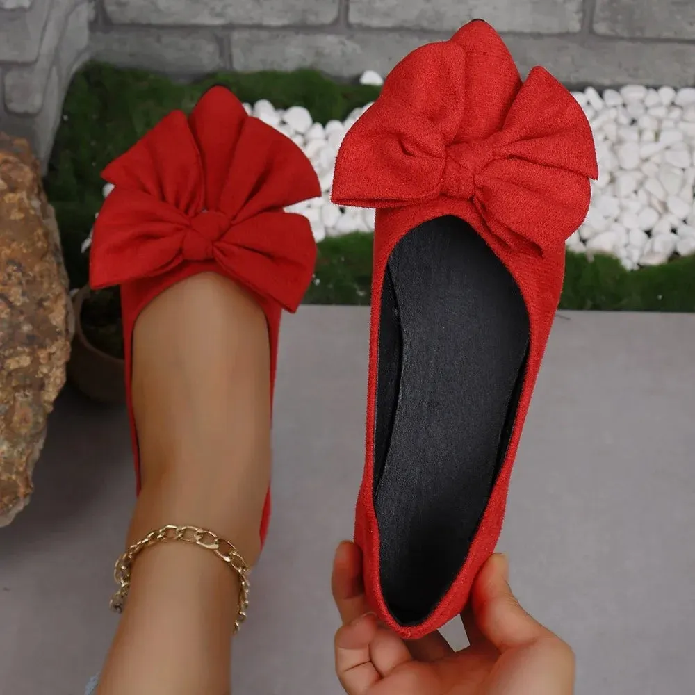 Flat Shoes Fashion Bow Woven Canvas Ballet Shoes Pointed Toe Flocking Red Flats