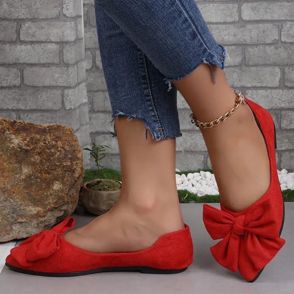 Flat Shoes Fashion Bow Woven Canvas Ballet Shoes Pointed Toe Flocking Red Flats
