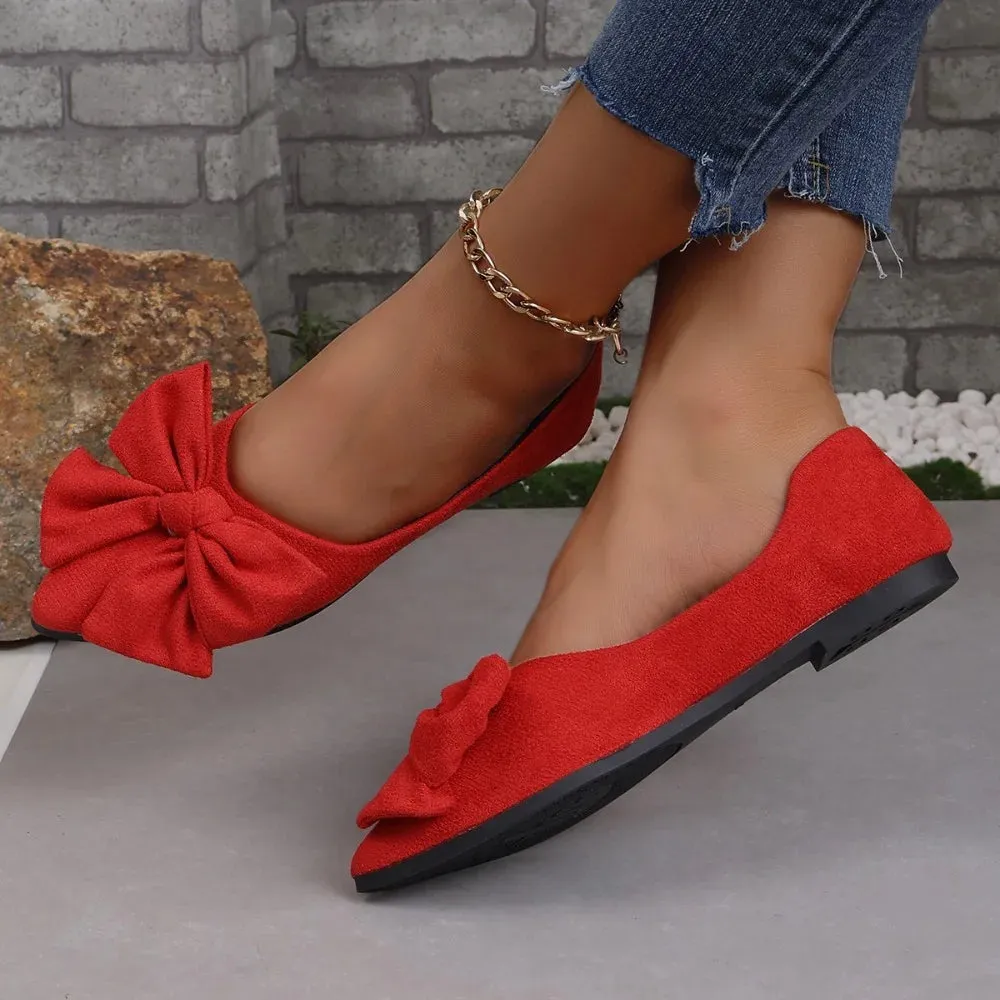 Flat Shoes Fashion Bow Woven Canvas Ballet Shoes Pointed Toe Flocking Red Flats
