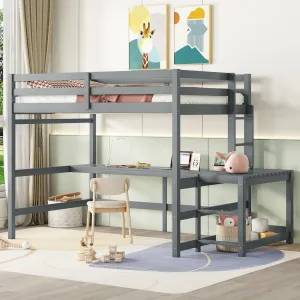 Full Size Pine Wood Loft Bed Frame with Built-in Desk Ladders