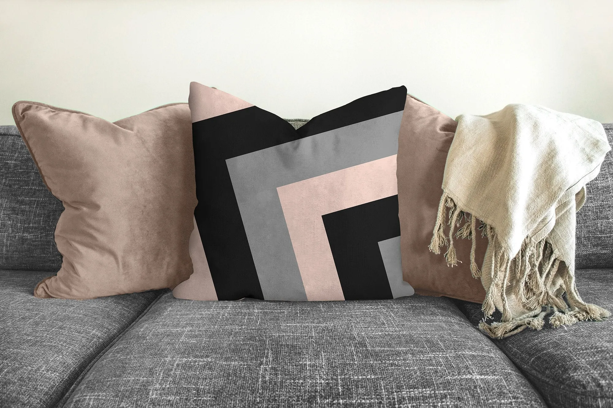 Geometric print pillow, pink, black, gray, modern pillow, Interior decor, home decor, pillow cover and insert, cotton pillow, accent pillow