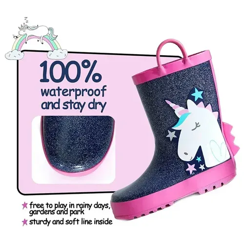 Girl Rain Boots Rubber Glitter Unicorn - KKOMFORME