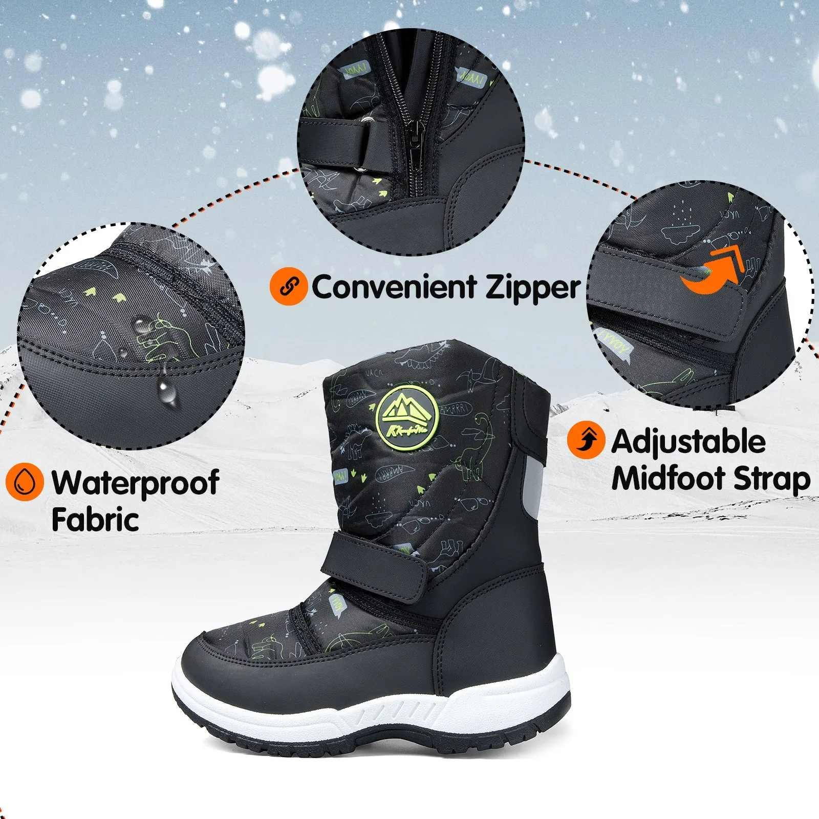 Green Dinosaur Warm Waterproof Black Snow Boots