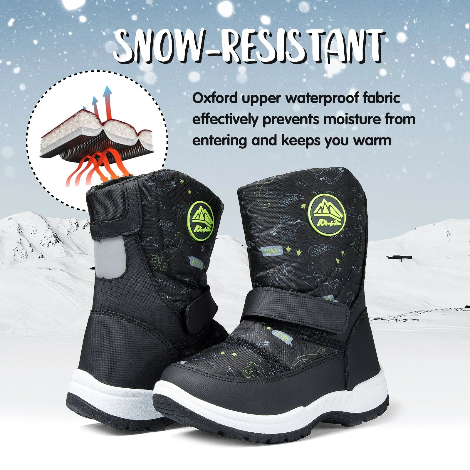 Green Dinosaur Warm Waterproof Black Snow Boots