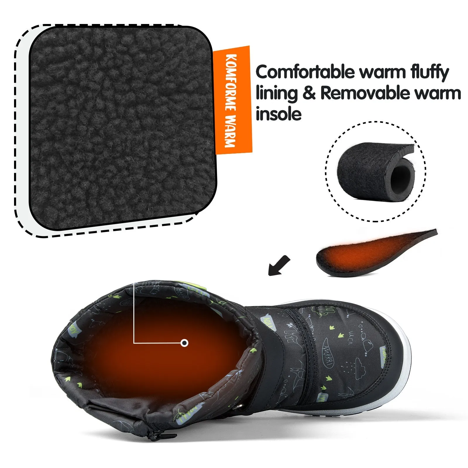 Green Dinosaur Warm Waterproof Black Snow Boots