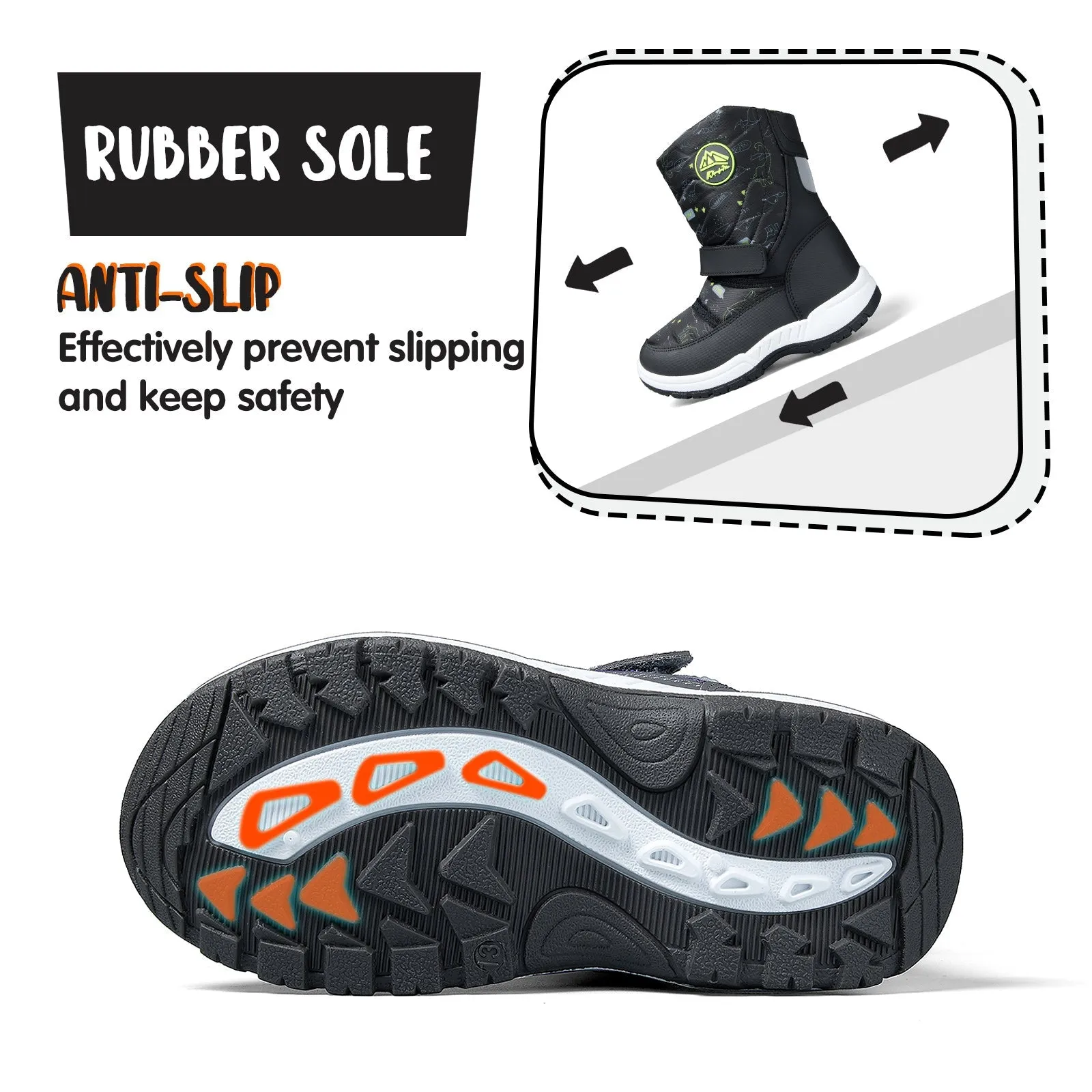 Green Dinosaur Warm Waterproof Black Snow Boots