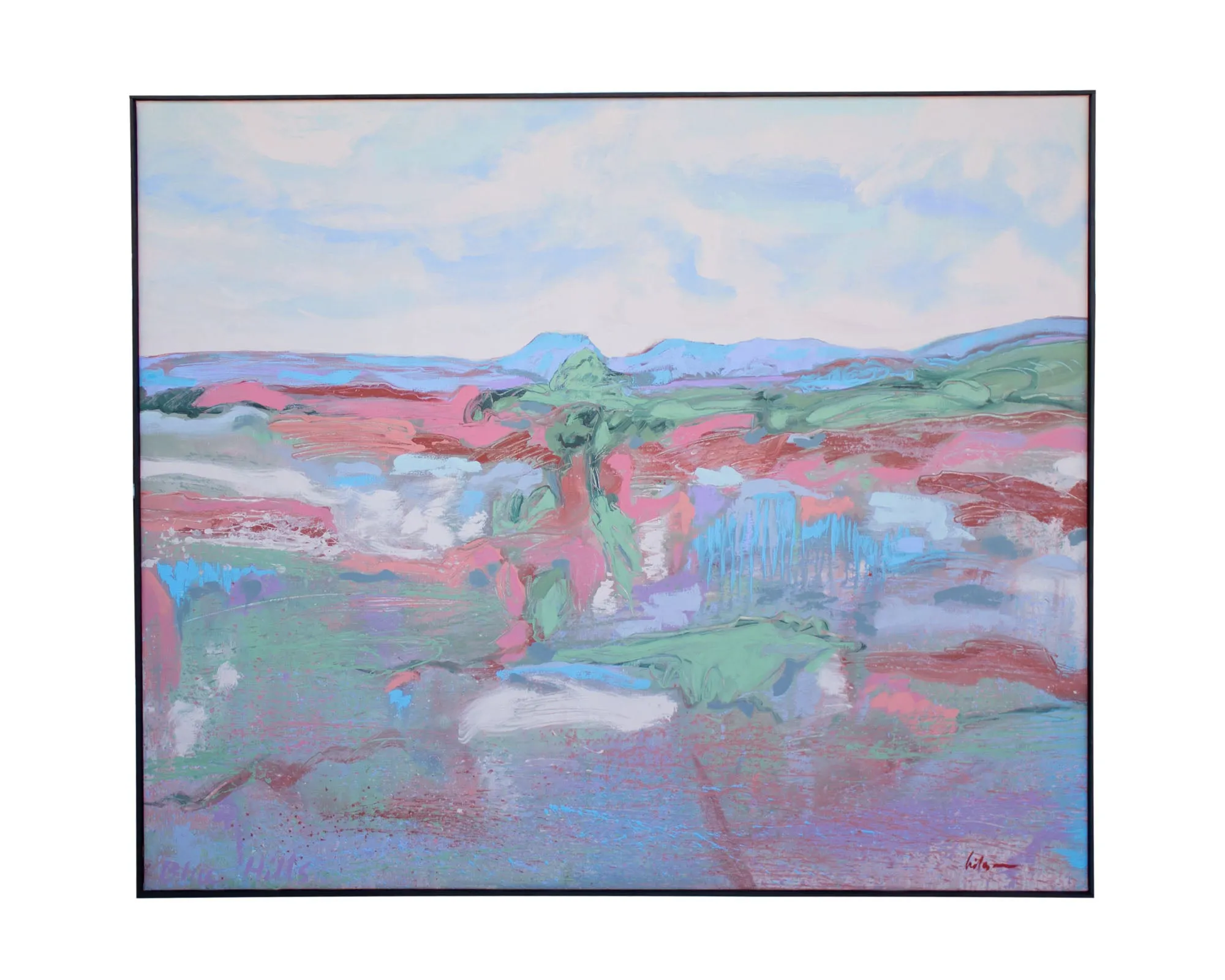 Harry Hilson Signed 1980s “Blue Hills” Acrylic on Canvas Landscape Painting