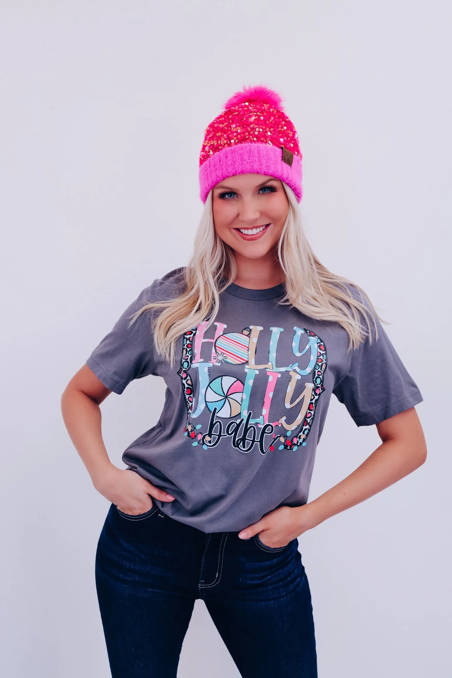 Holly Jolly Babe Graphic Tee - Grey